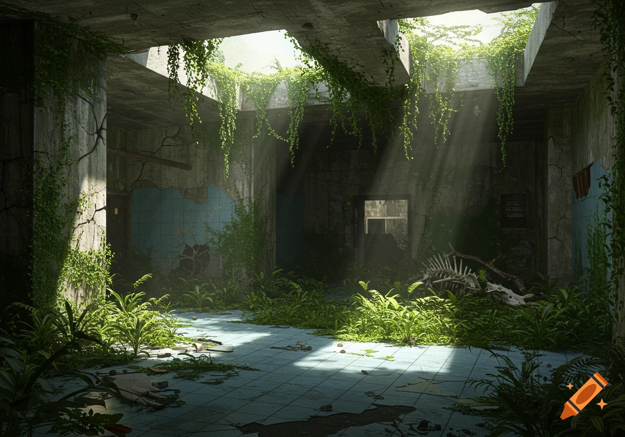 Abandoned concrete room overgrown with lush green plants, sunlight streaming from above onto a skeleton.