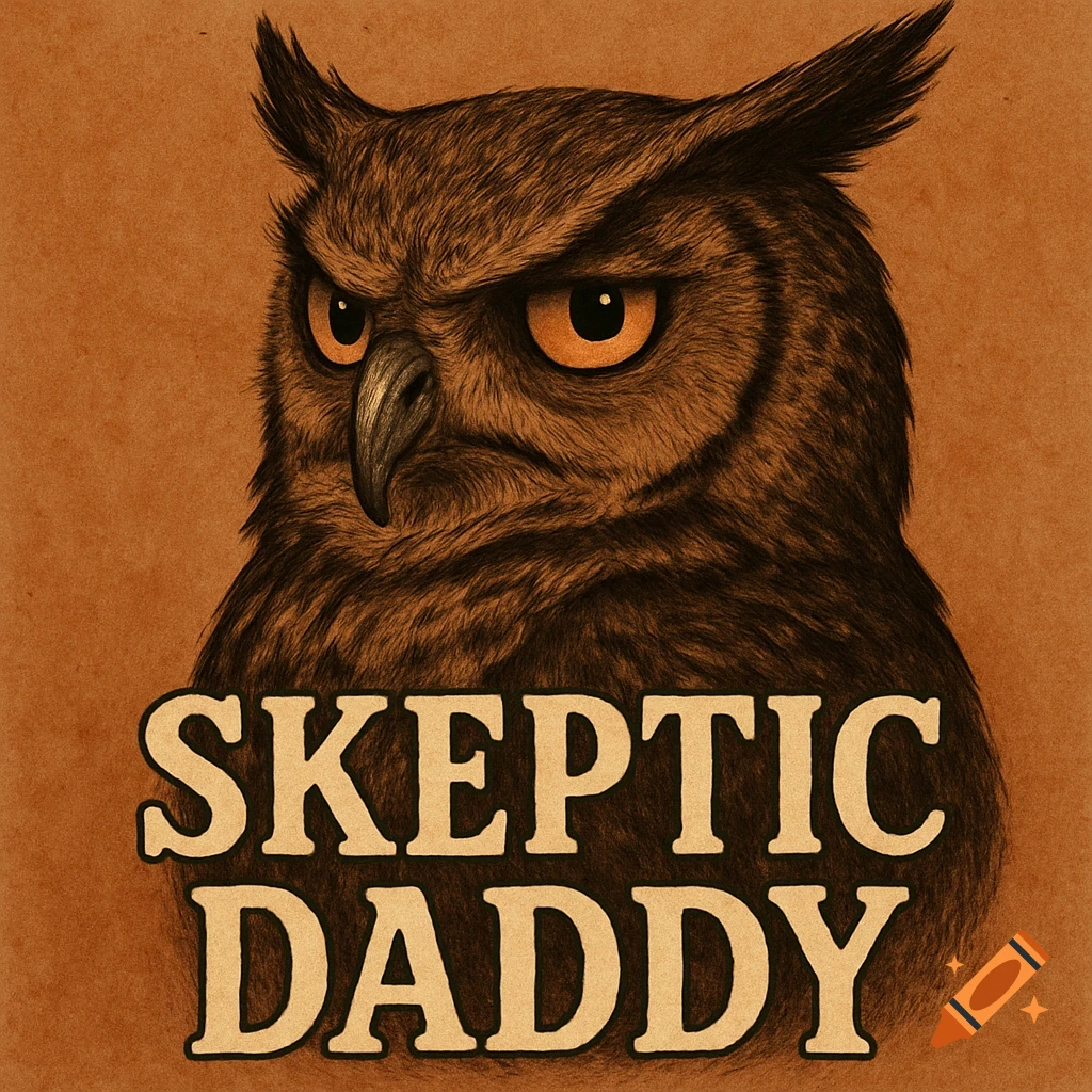 An illustration of a stern owl's head with the words SKEPTIC DADDY.