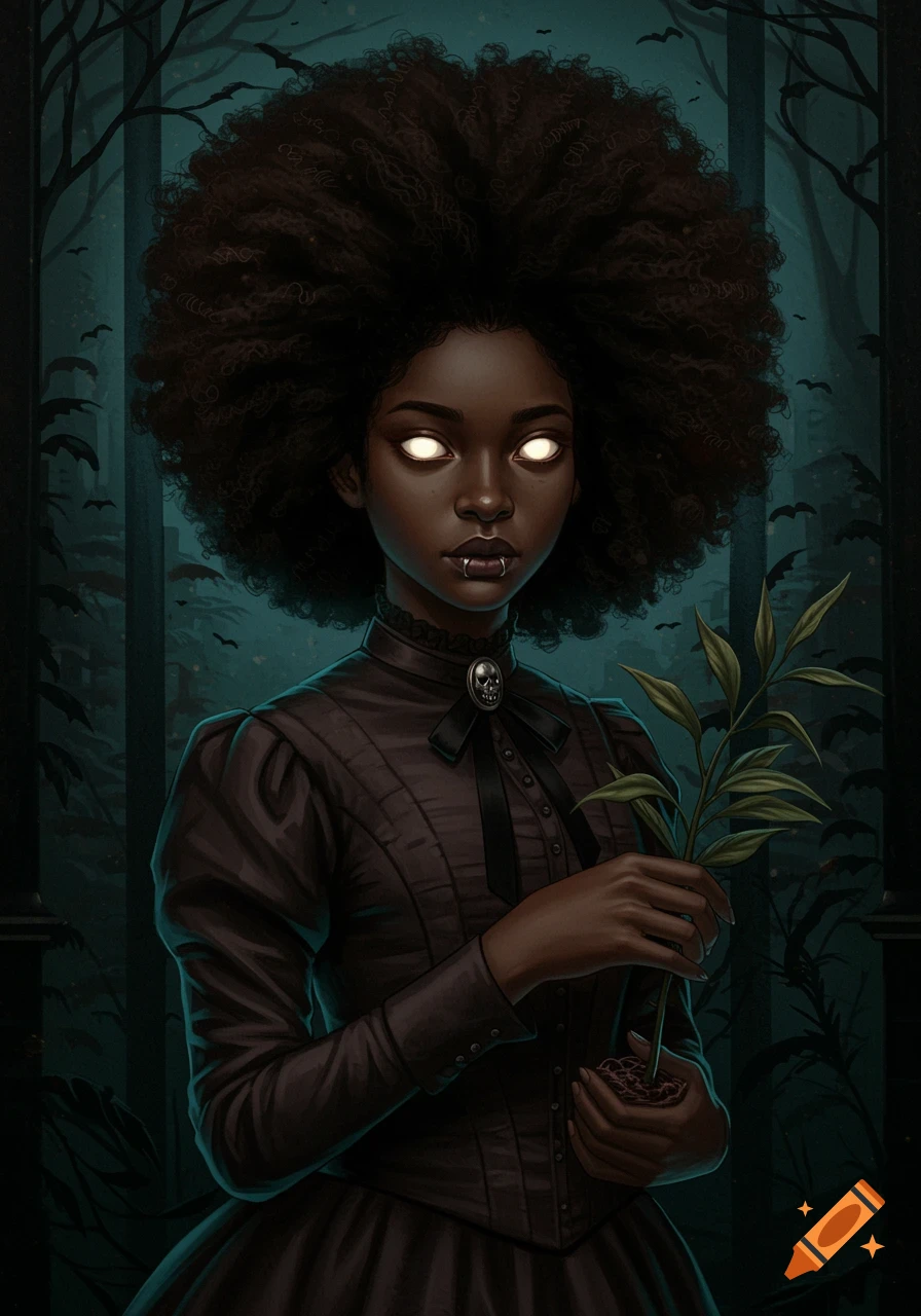 African American girl vampire in Victorian attire with glowing eyes and afro holding a plant in a dark forest.