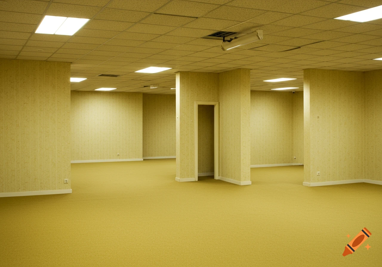 Empty room with yellow wallpapered walls, yellowish-tan carpet, and a tiled ceiling with fluorescent lights.