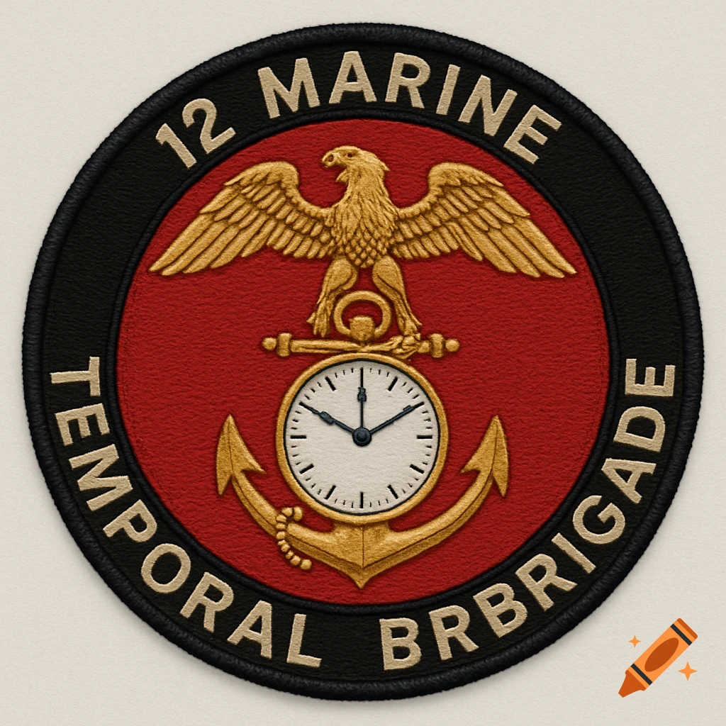 Military patch insignia with eagle, clock, and anchor, reading '12 MARINE TEMPORAL BRIGADE'.