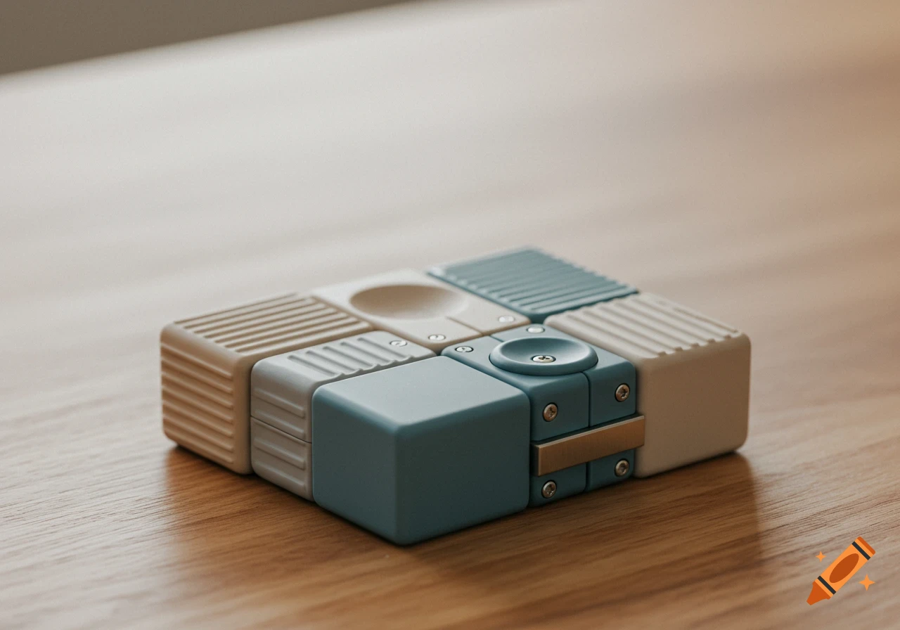 Close-up of a modular beige, gray, and blue fidget tool with different textures on a wooden table.