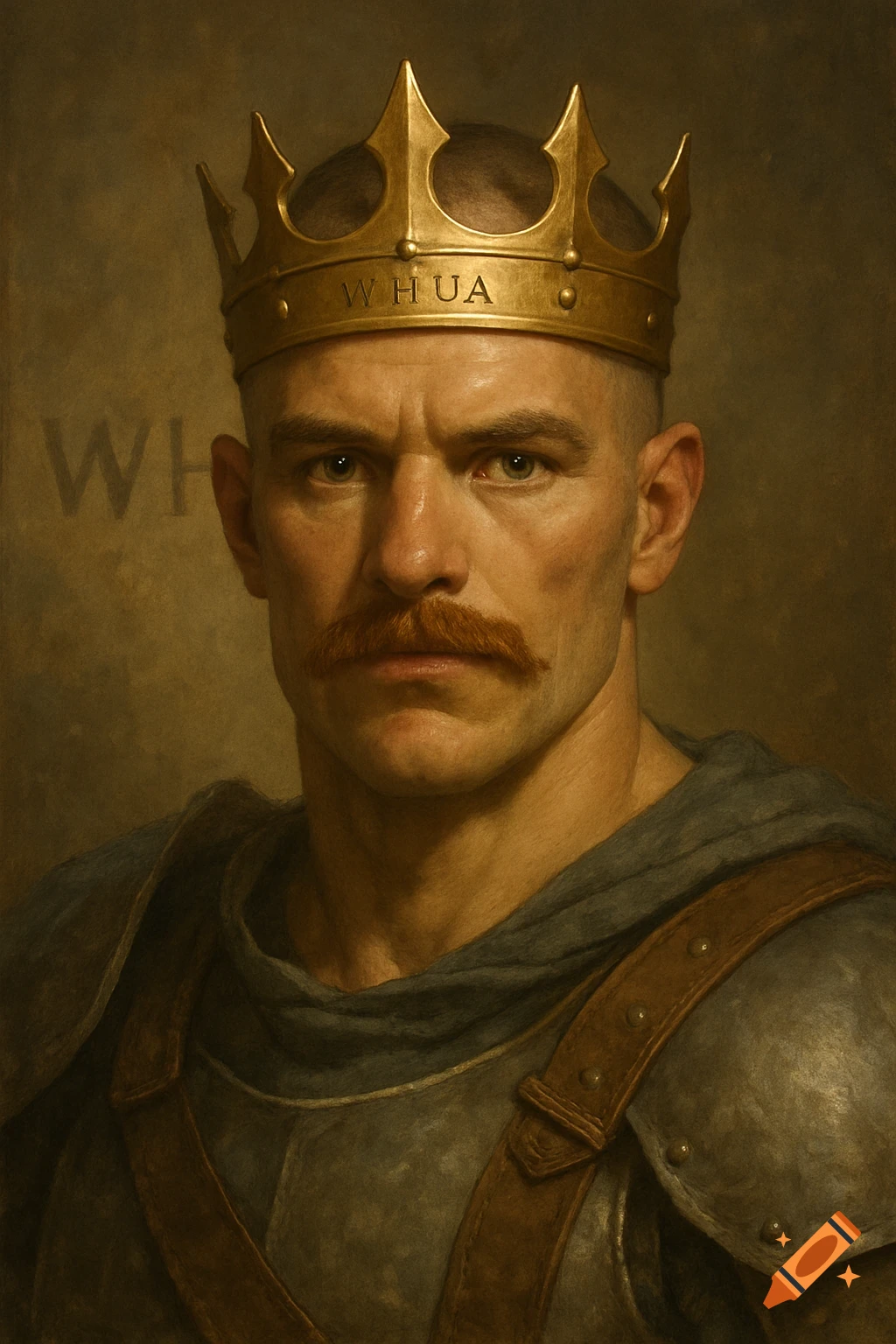 Painterly portrait of a man with a mustache and crown wearing armor.