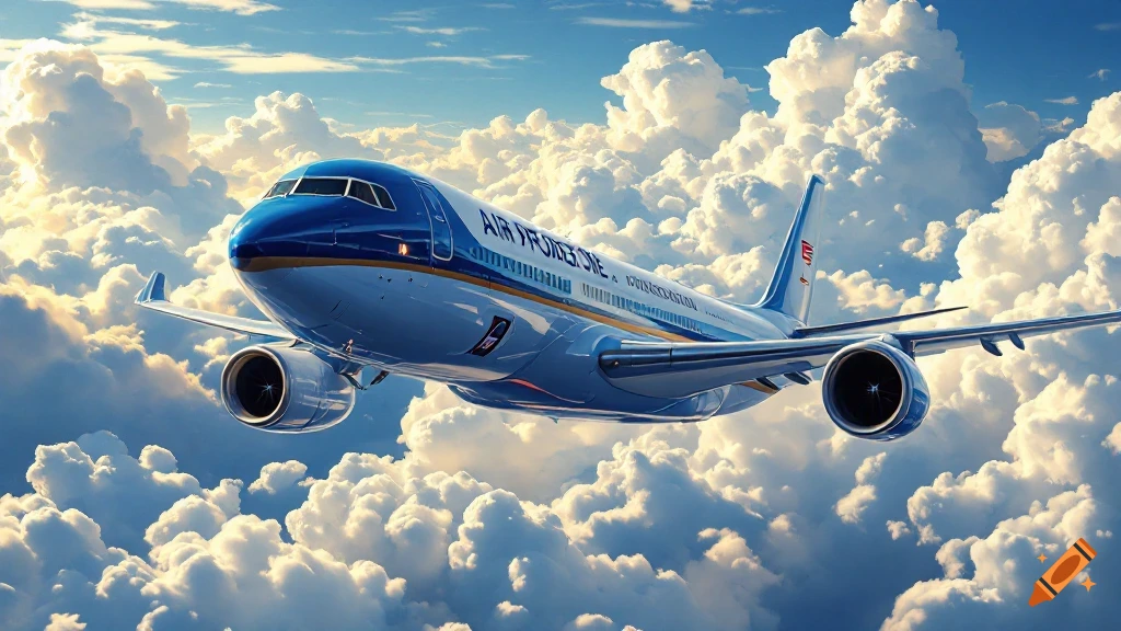 A blue and white airplane flies through bright clouds in a sunny sky.