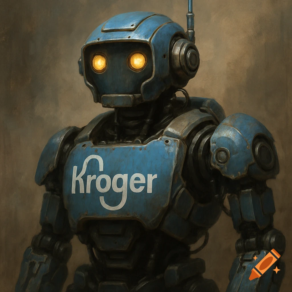 A detailed illustration of a blue robot with the Kroger logo on its chest.