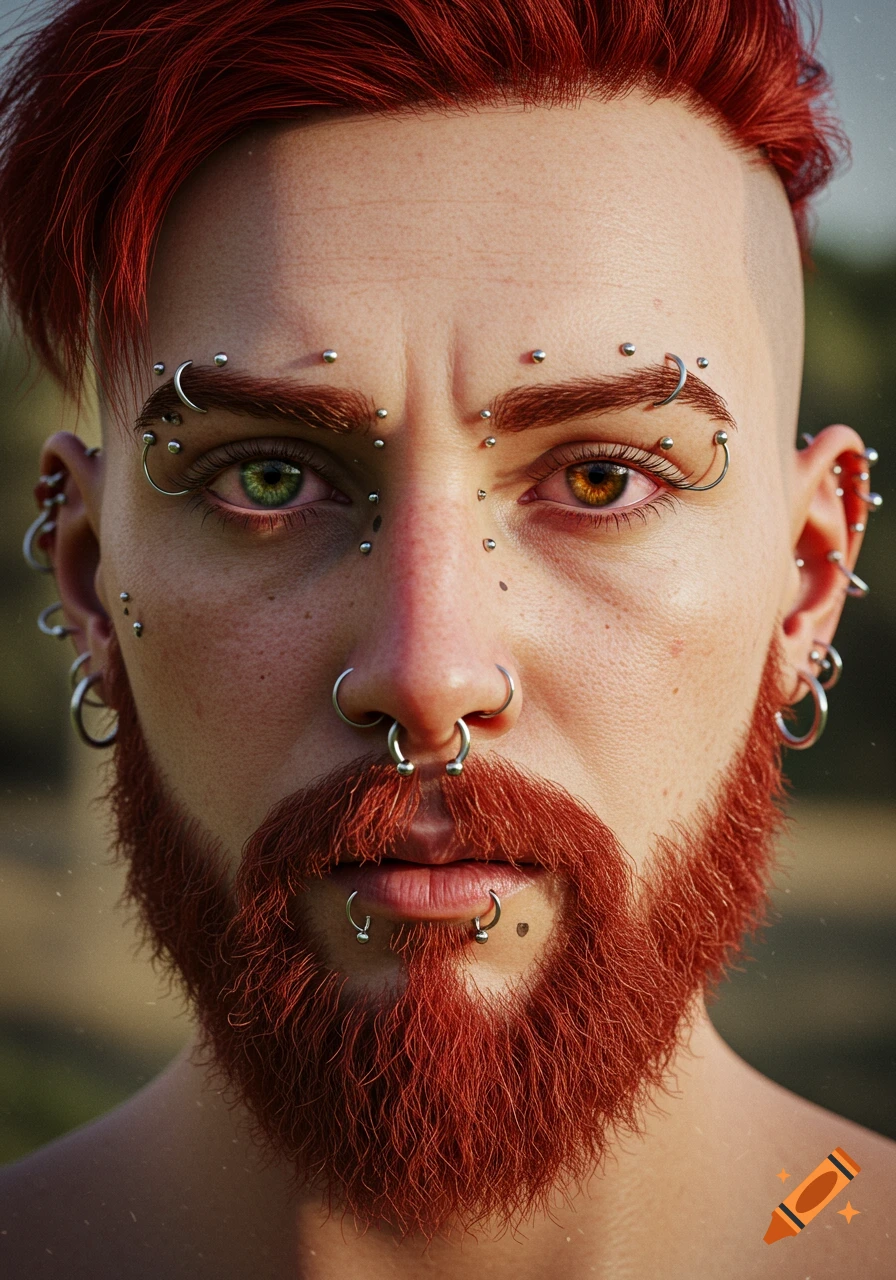 Photorealistic portrait of a redheaded person with beard, facial piercings, and one green, one brown eye.