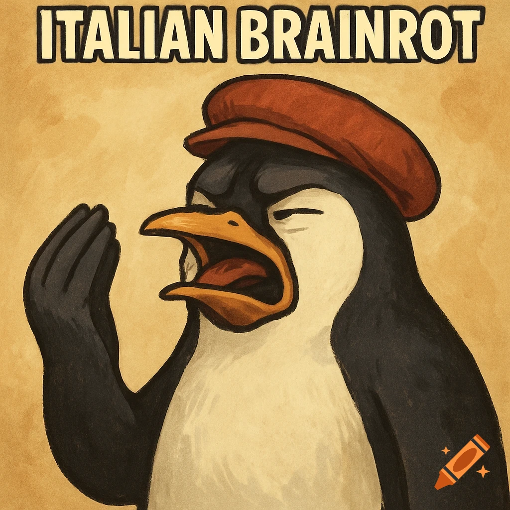 Cartoon penguin in a hat making an Italian hand gesture, with the text 'ITALIAN BRAINROT'.