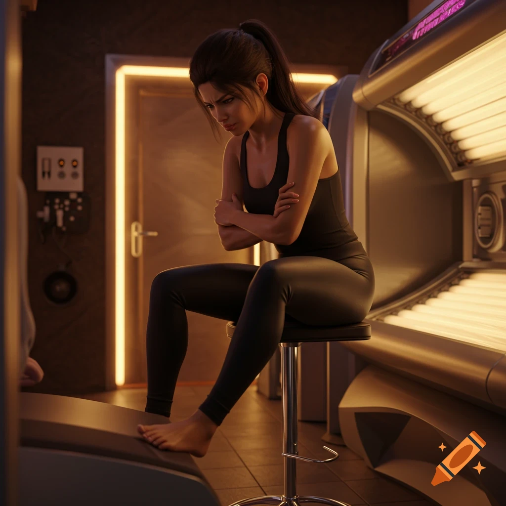Realistic image of an impatient woman sitting on a stool in a tanning salon with arms crossed.