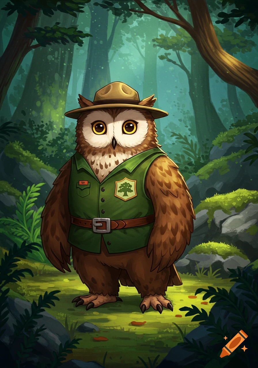 Illustrative cartoon owl dressed as a park ranger in a forest.