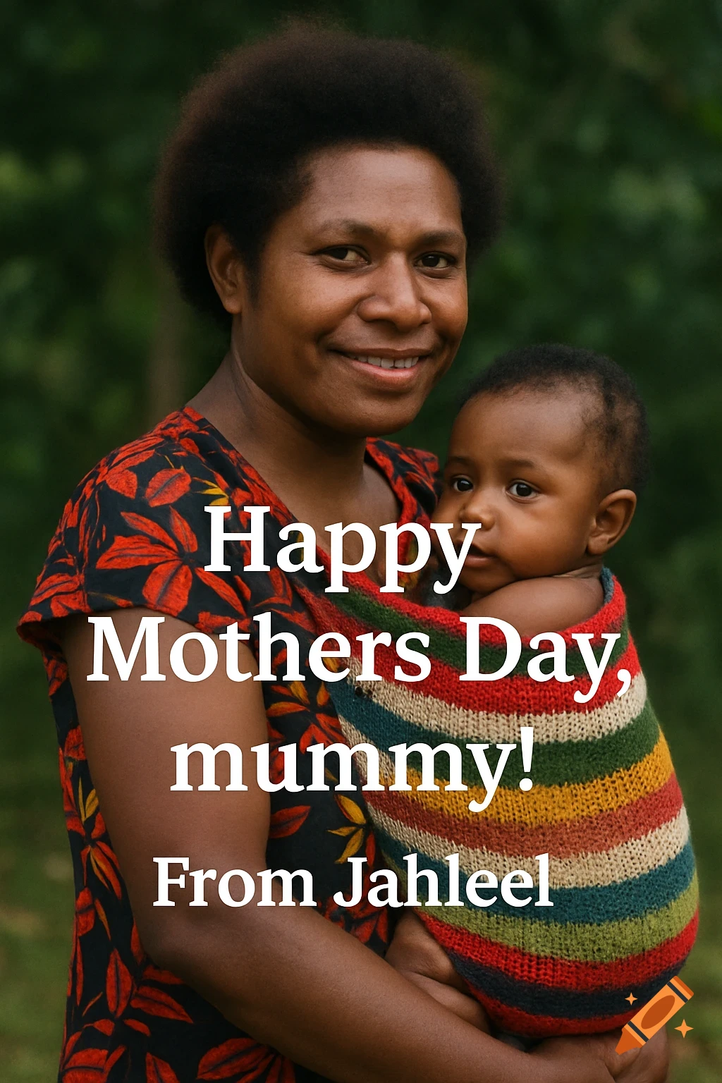 A woman holding a baby in a colorful carrier, with the text "Happy Mothers Day, mummy! From Jahleel"
