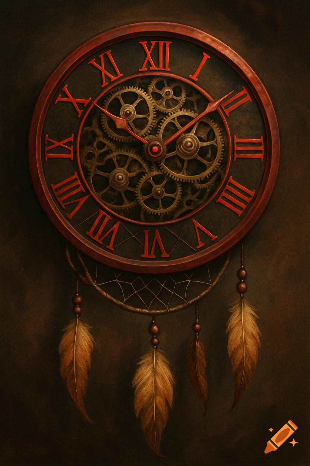 Steampunk clock face with visible gears and red Roman numerals combined with a dreamcatcher hanging below.
