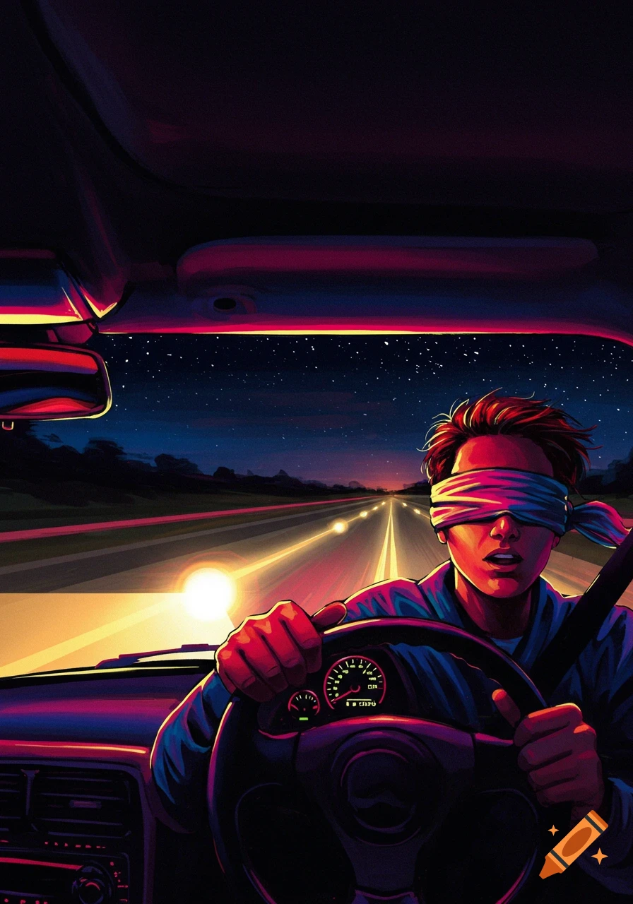 Illustration of a person driving a car at night while blindfolded, in a bright neon style.