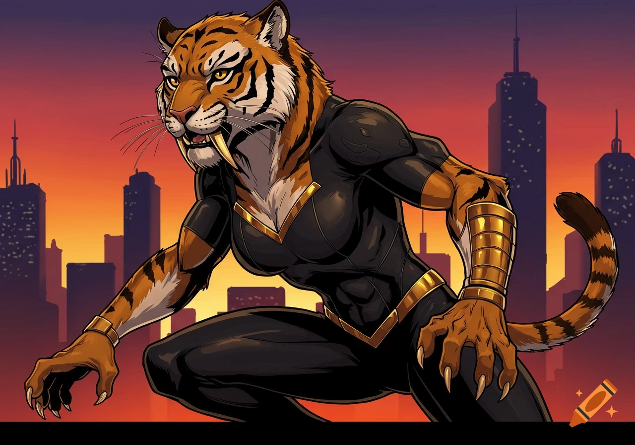 Anthropomorphic tiger superhero in black suit crouching against a city skyline at sunset, comic book style.