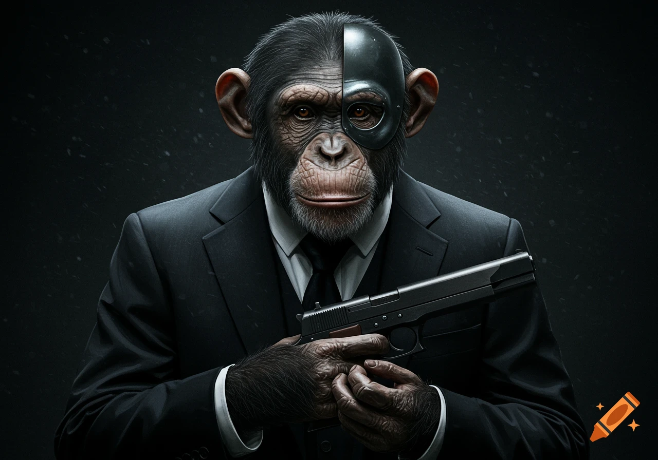 Photorealistic chimpanzee in suit and half mask holding a gun