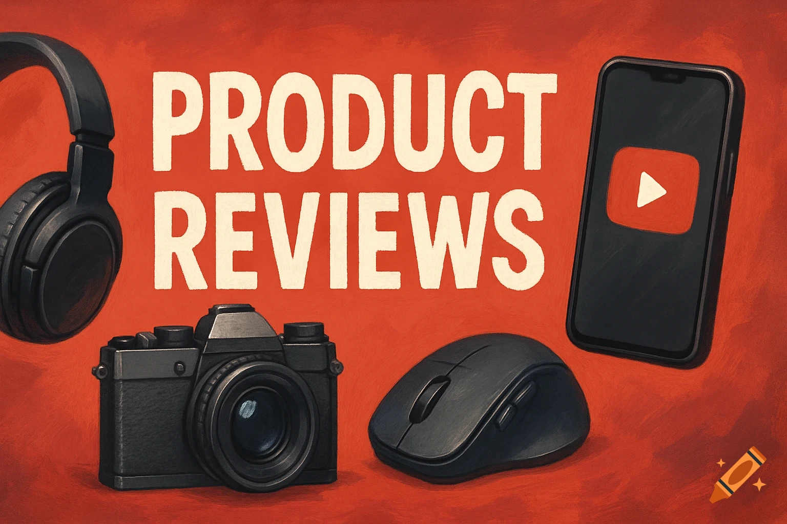 Headphones, camera, mouse, and phone with YouTube logo on a red background with the text PRODUCT REVIEWS.