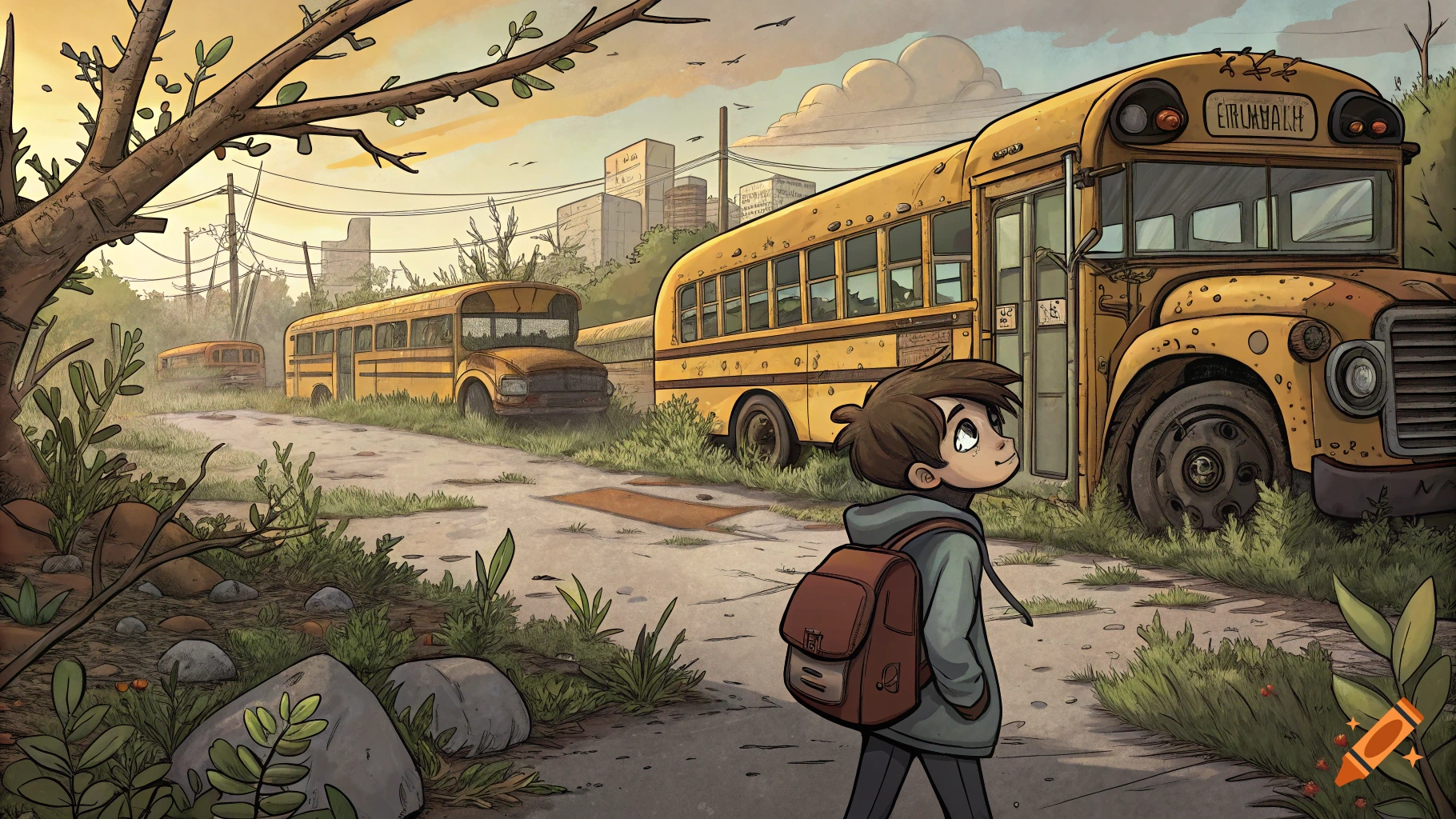 A boy with a backpack walks past abandoned yellow school buses in a stylized, overgrown setting.
