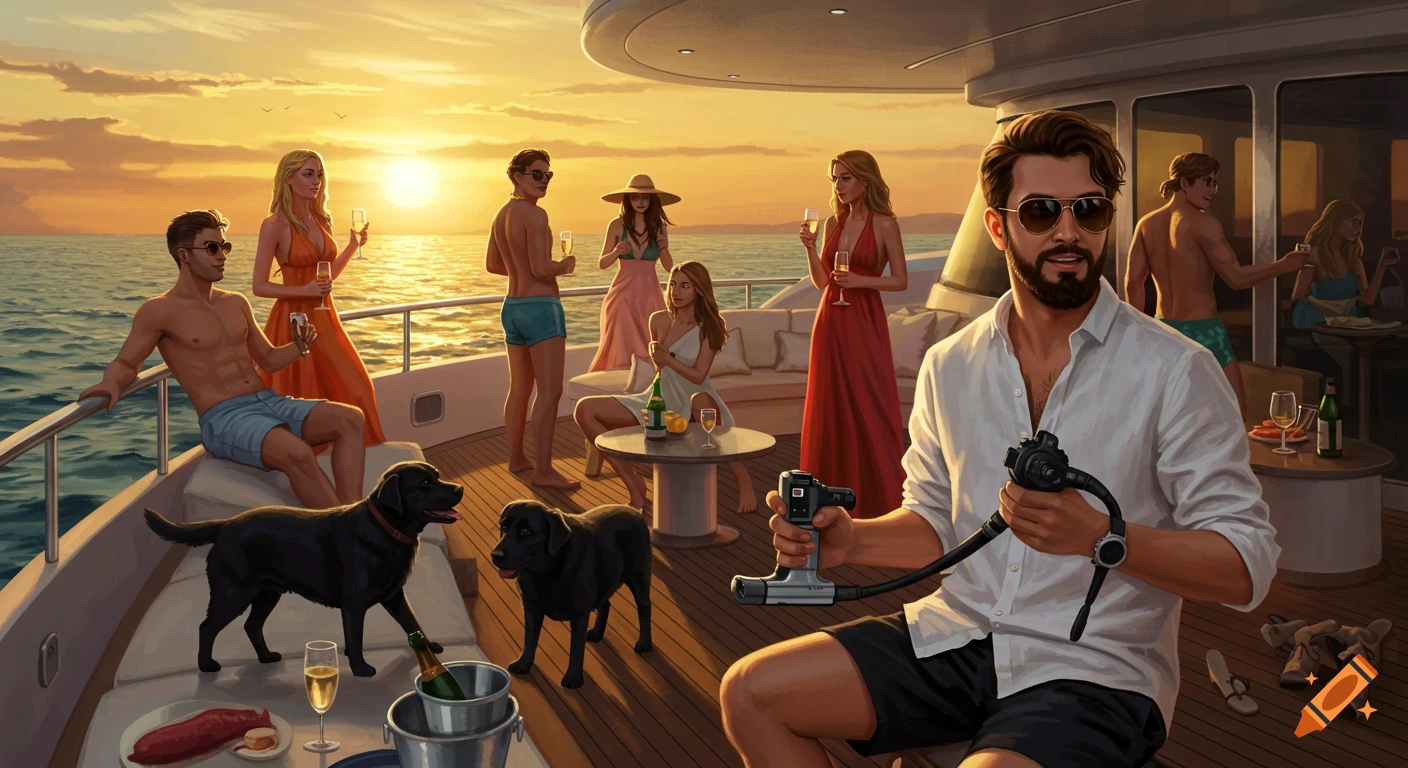 People and dogs gather on a superyacht at sunset.