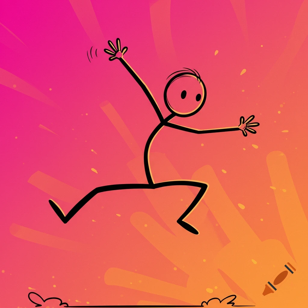 A stick figure person jumps against a vibrant pink and orange abstract background.