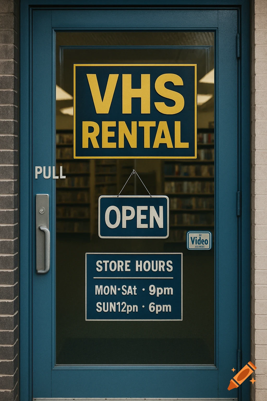Blue door of a VHS rental store with signs for open hours and rental services.