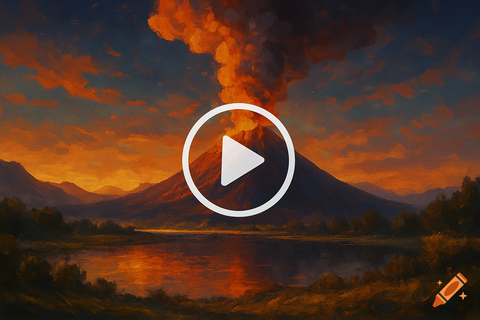 Painterly landscape of an erupting volcano against an orange sunset sky, with a large white play button overlay.