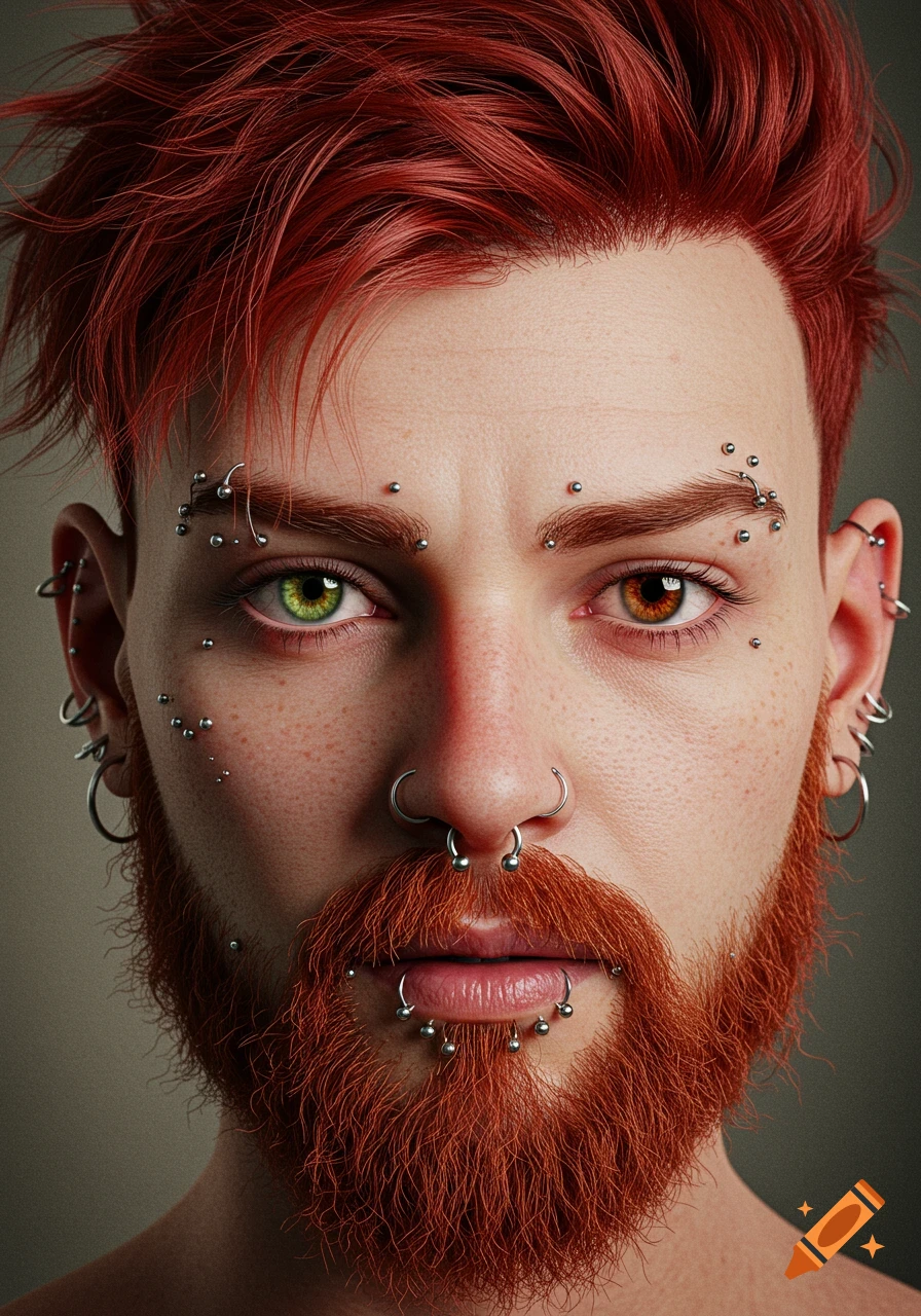 Close-up photorealistic portrait of a person with red hair, beard, many facial piercings, and heterochromia.
