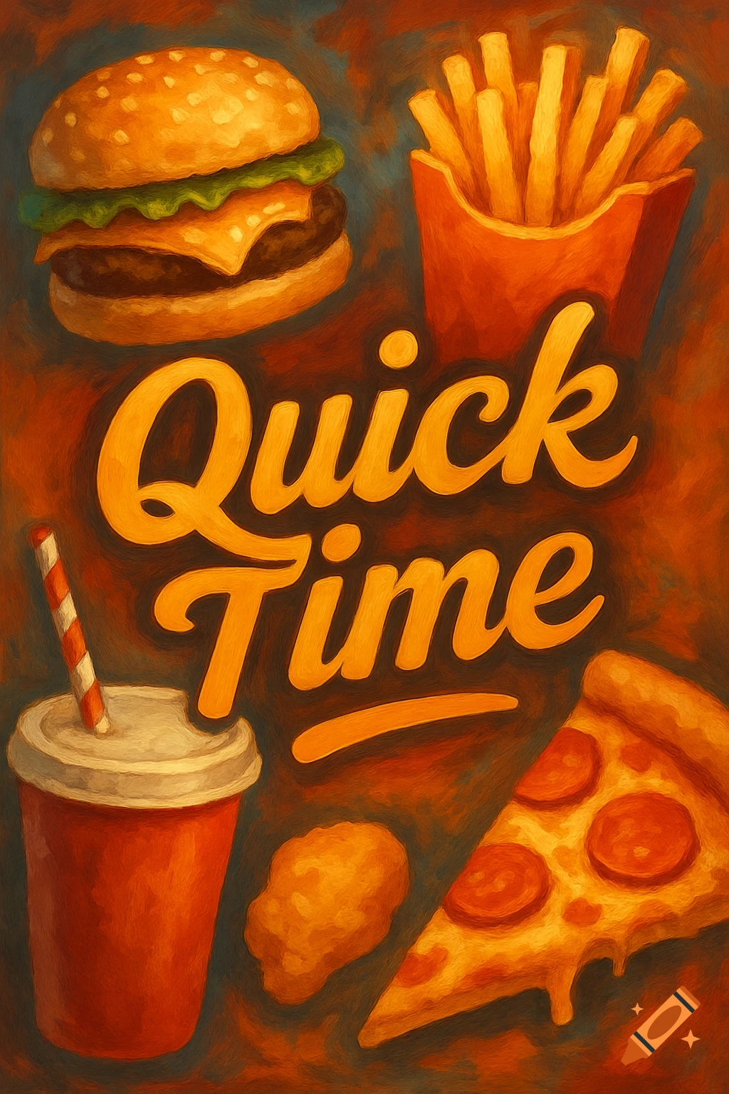 Painted collage of fast food including burger, fries, drink, and pizza slice, with text "Quick Time".