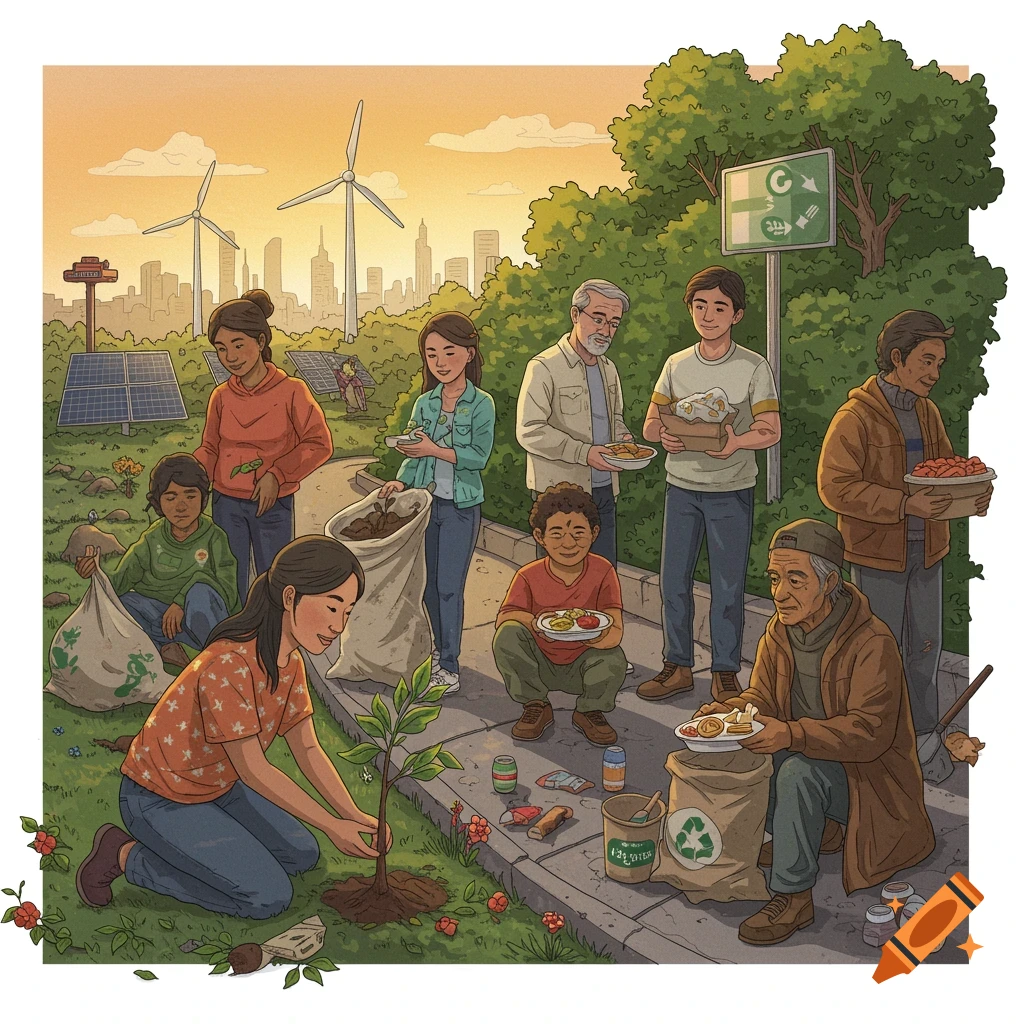 Illustration of diverse people planting a tree, sorting waste, and sharing food in an urban park with wind turbines and solar panels.