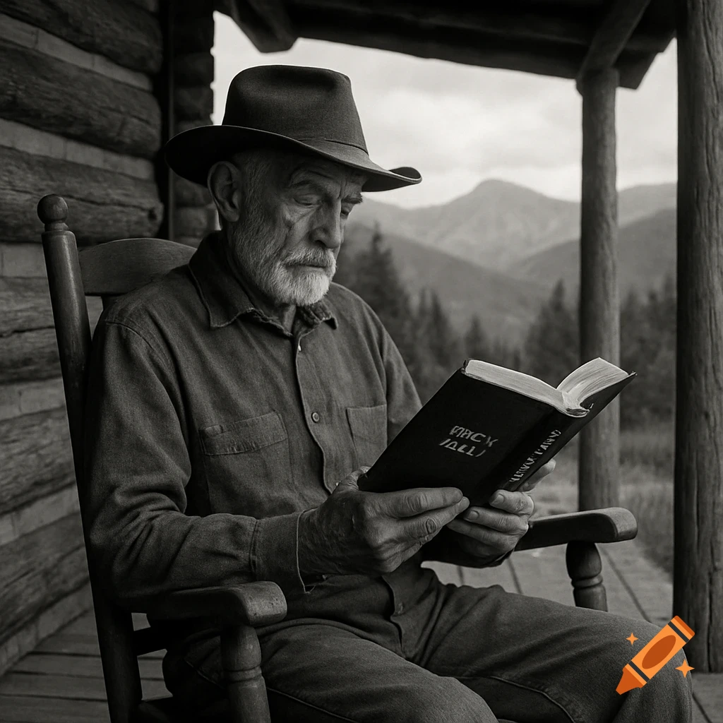 Black and white photo of old man in a cowboy hat reading a book on a cabin porch with mountains in the background.