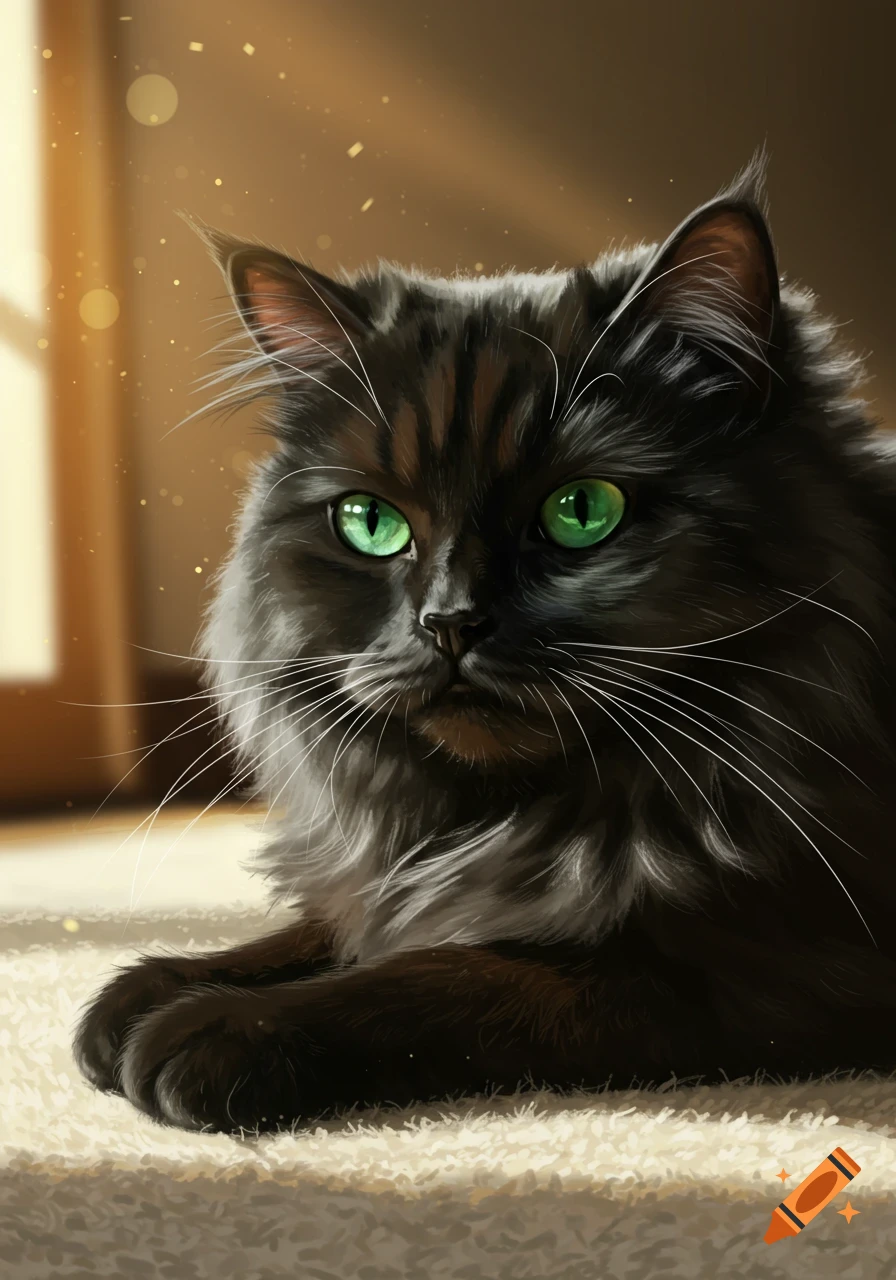 Close-up illustration of a fluffy black cat with bright green eyes lying in sunlight