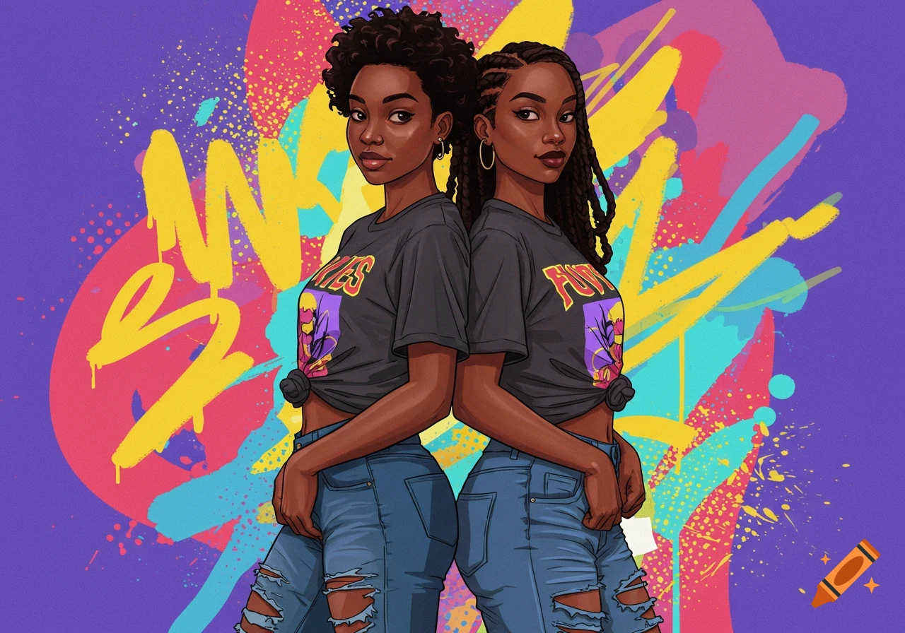 Two dark-skinned women back-to-back in an urban art illustration with graffiti.