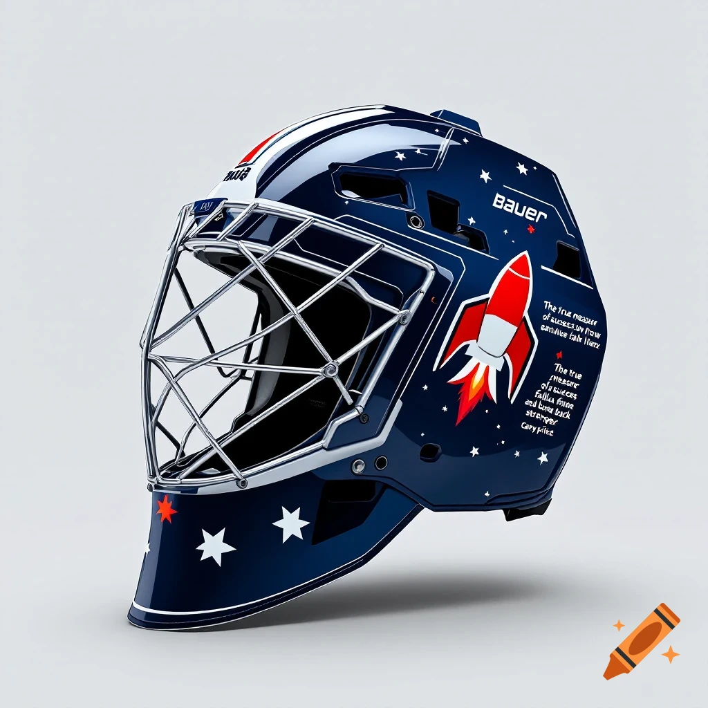 A realistic navy blue hockey goalie helmet with a rocket and stars design.
