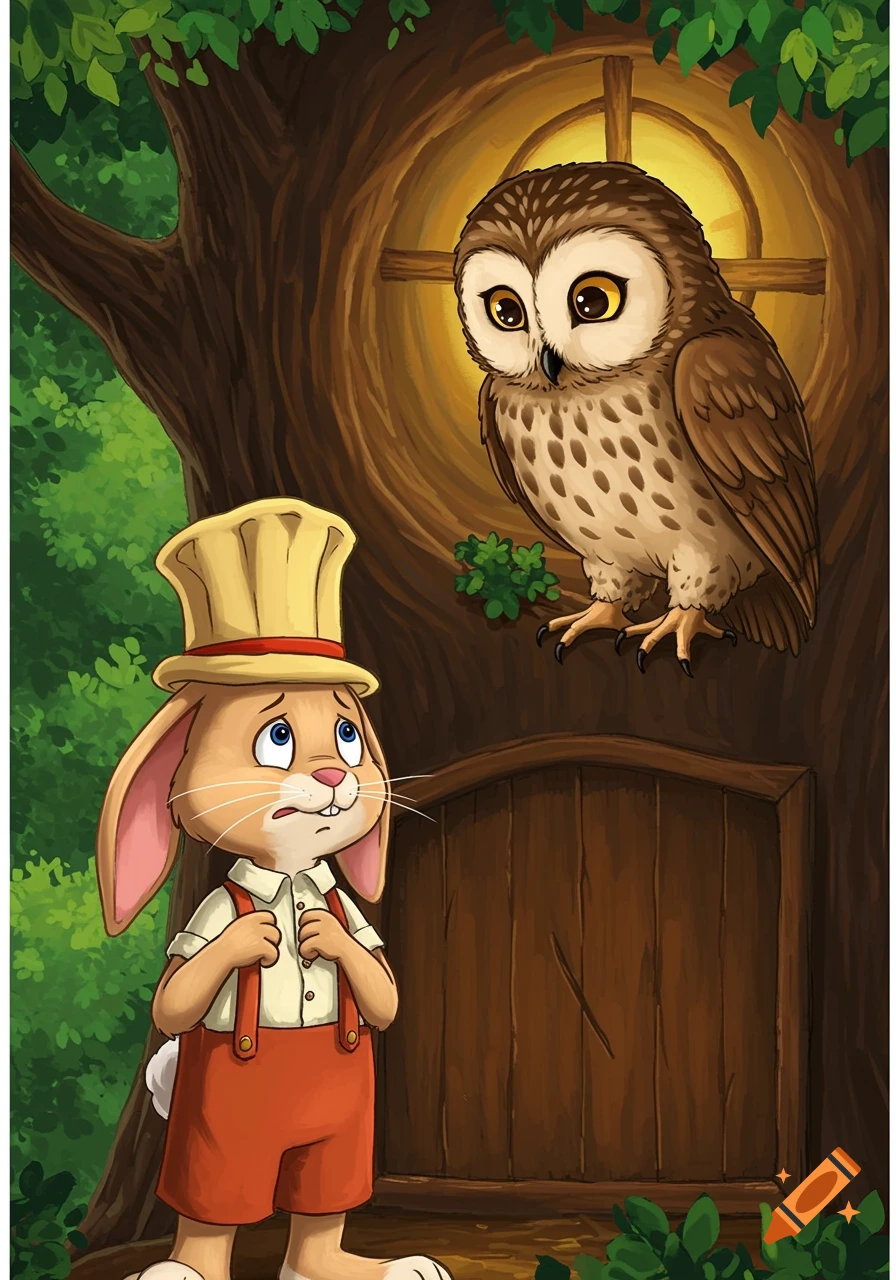 Sad rabbit in baker hat and suspenders looking up at an owl in a treehouse window, children's book illustration.