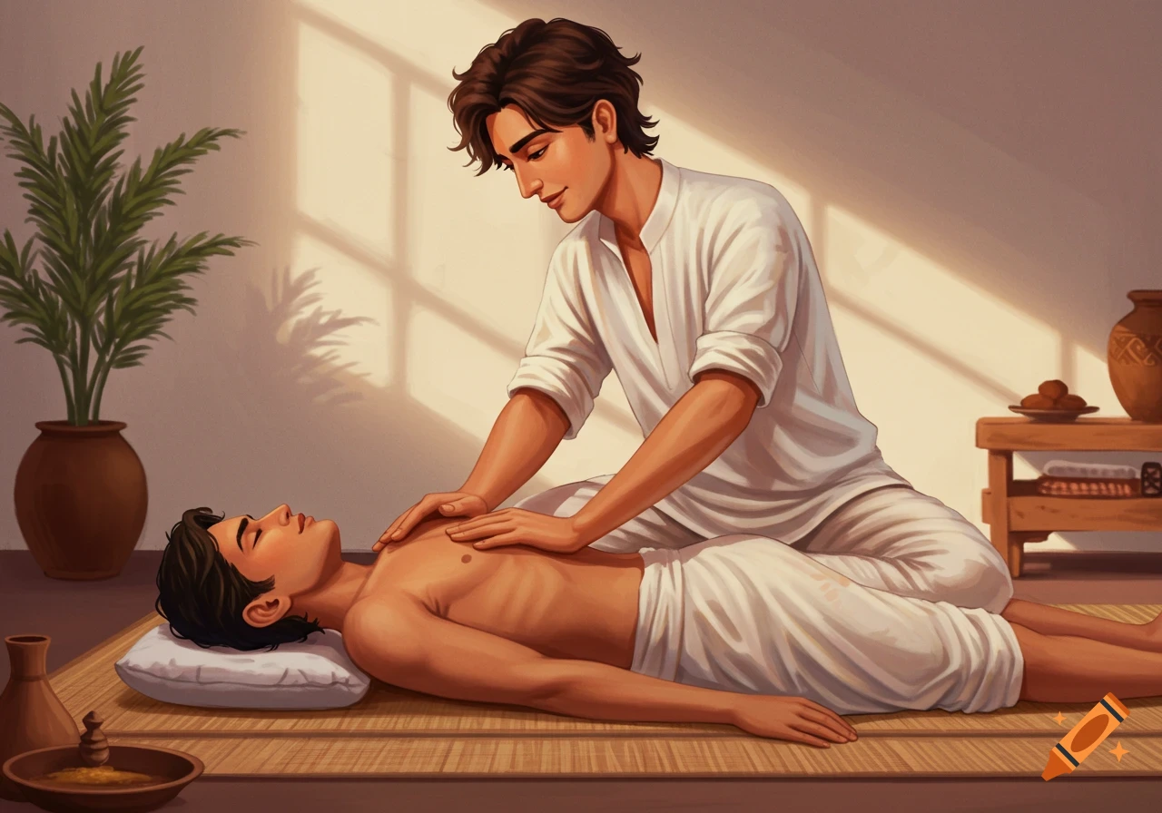 Illustration of one man giving a traditional massage to another man in a sunlit room with plants.