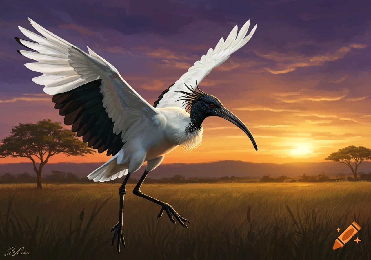 An Ibis bird flies over a grassy savanna landscape at sunset, illustration