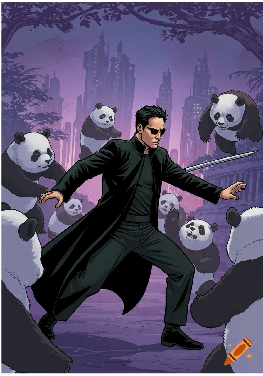 Comic art of Neo fighting pandas with a sword in a city park.