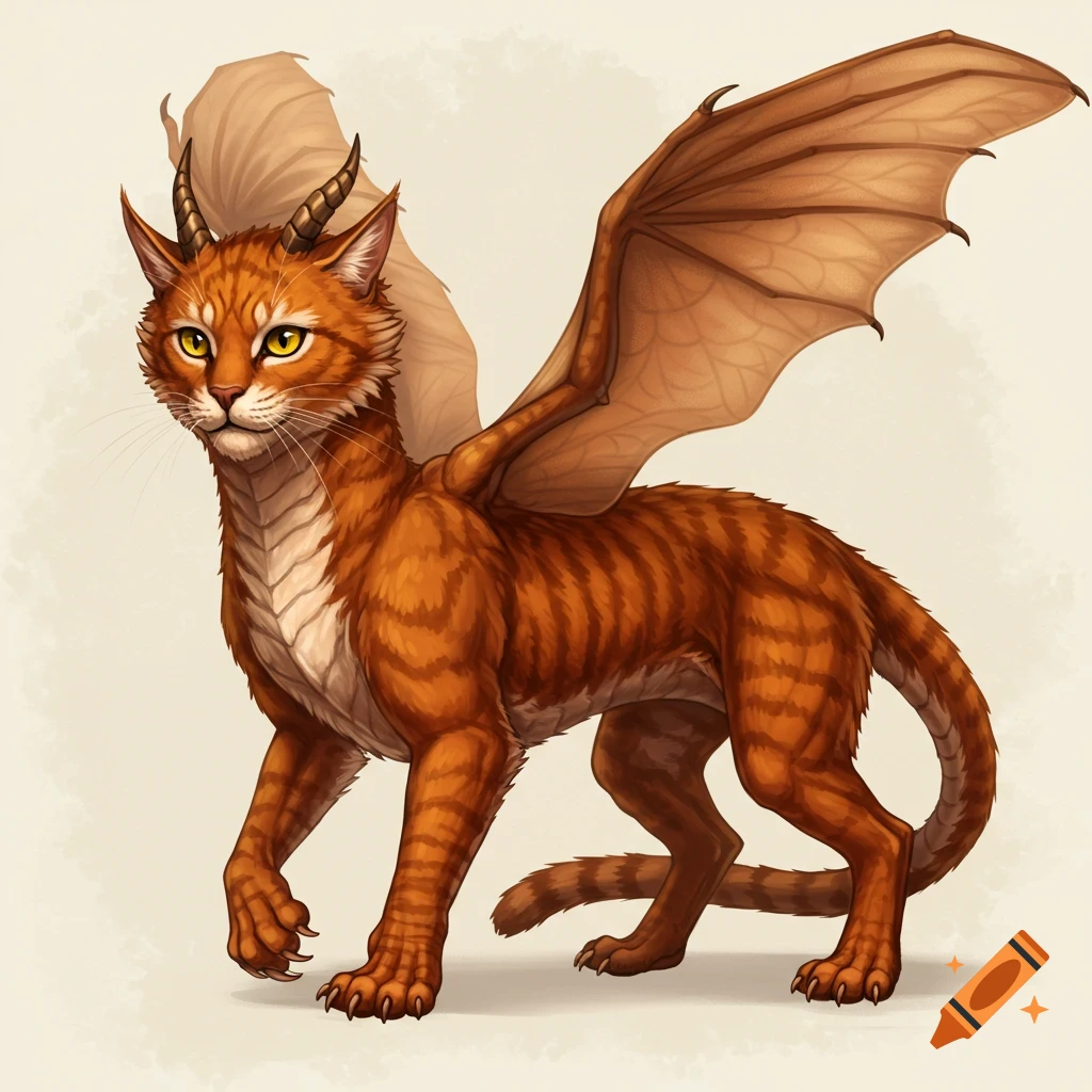An orange tabby cat with dragon wings and horns stands on a light background.