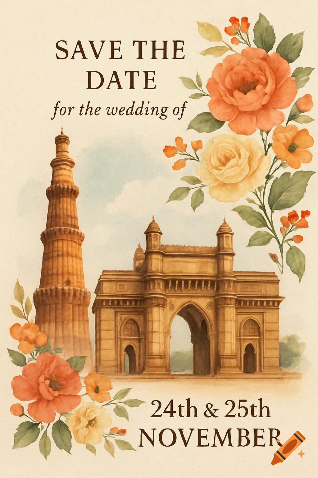 Watercolor save the date invitation with Qutub Minar, Gateway of India, and floral accents.