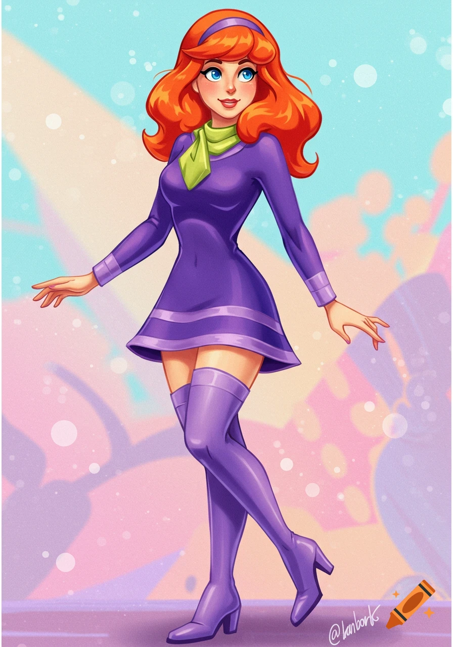 Cartoon illustration of Daphne Blake from Scooby-Doo in her purple dress and boots.