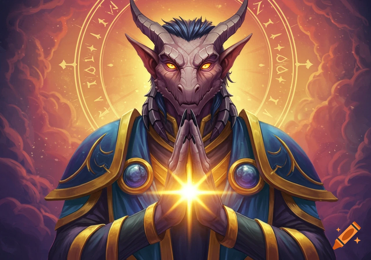 Reptilian fantasy character in robes with hands clasped, a light glows between them, surrounded by runes.