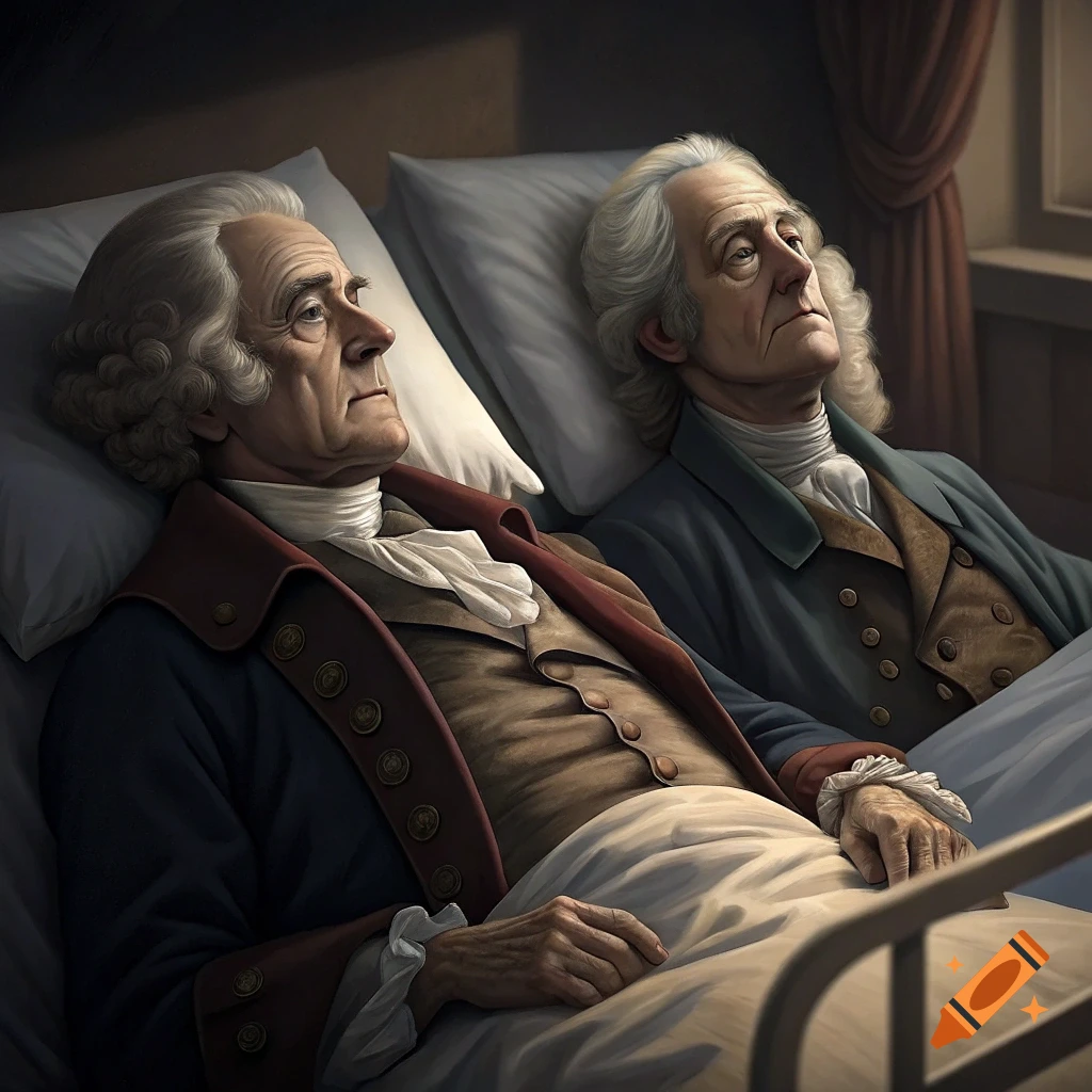 Realistic portrait of two historical figures in 18th-century clothing lying in hospital beds.