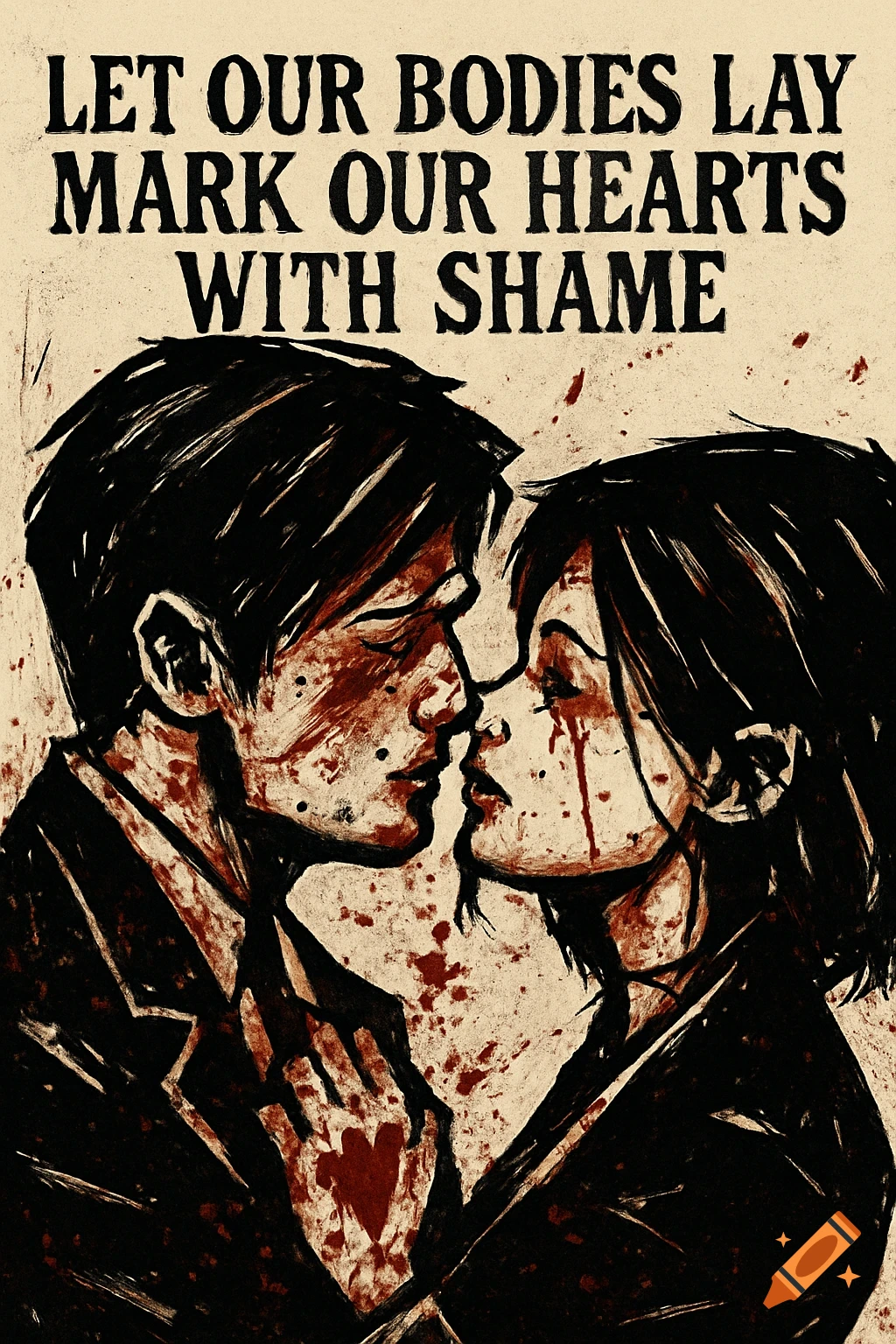 Graphic illustration of a couple kissing, covered in blood, with text above. Dark comic book style.