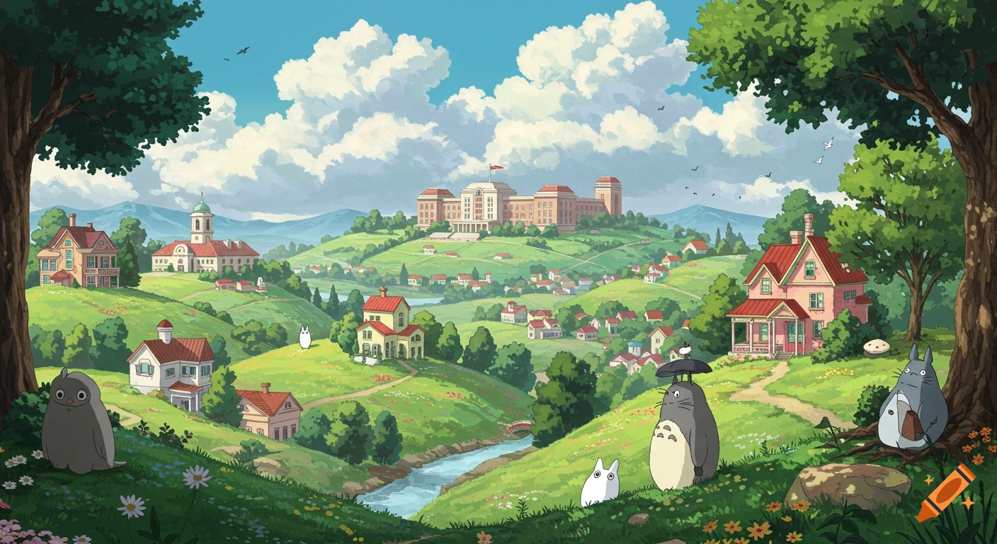 Studio Ghibli style landscape with rolling hills, houses, a large building, a river, and cute animated characters.
