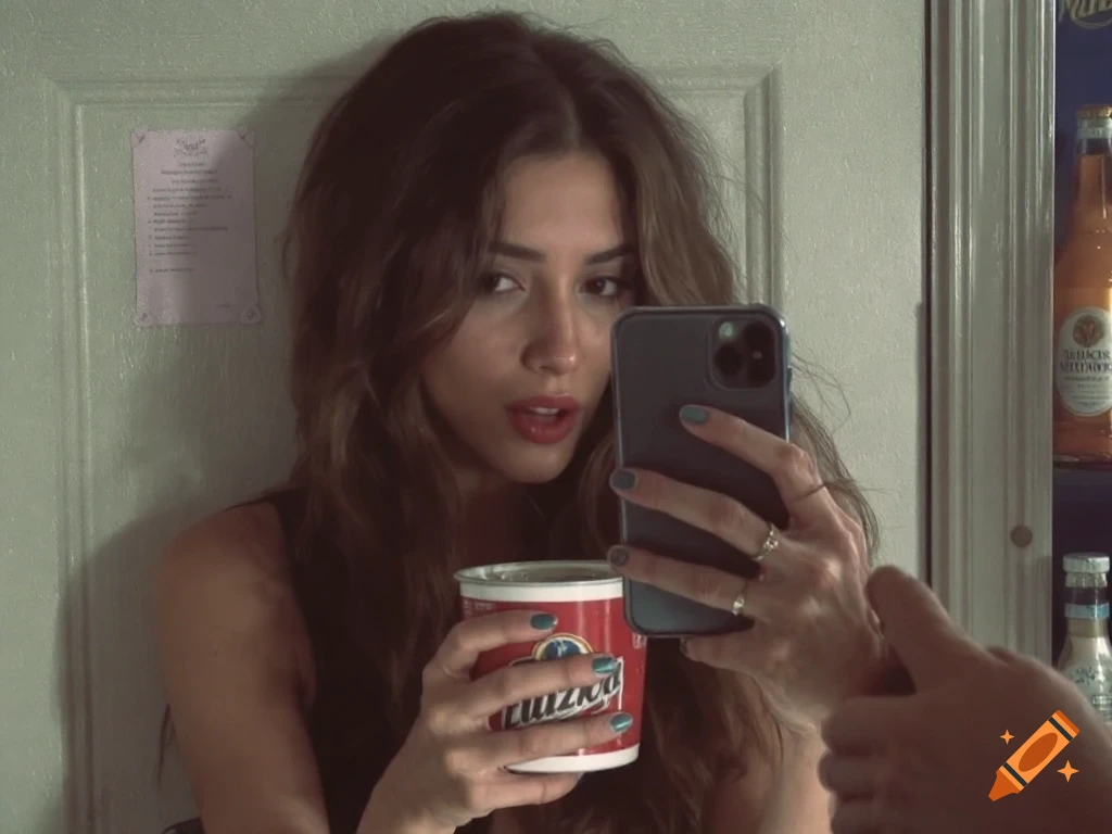 Woman taking a mirror selfie, holding a red can and a phone.