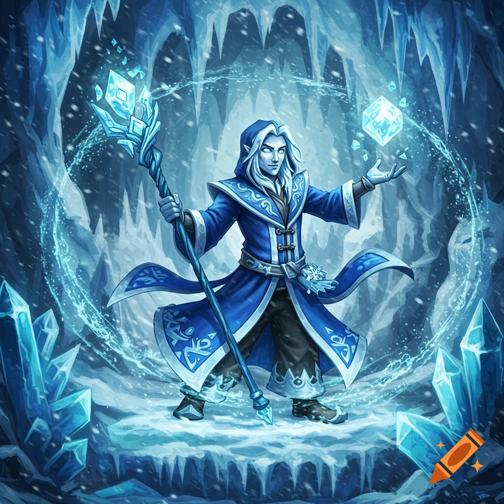 An ice wizard in a blue robe stands in an ice cave with a staff
