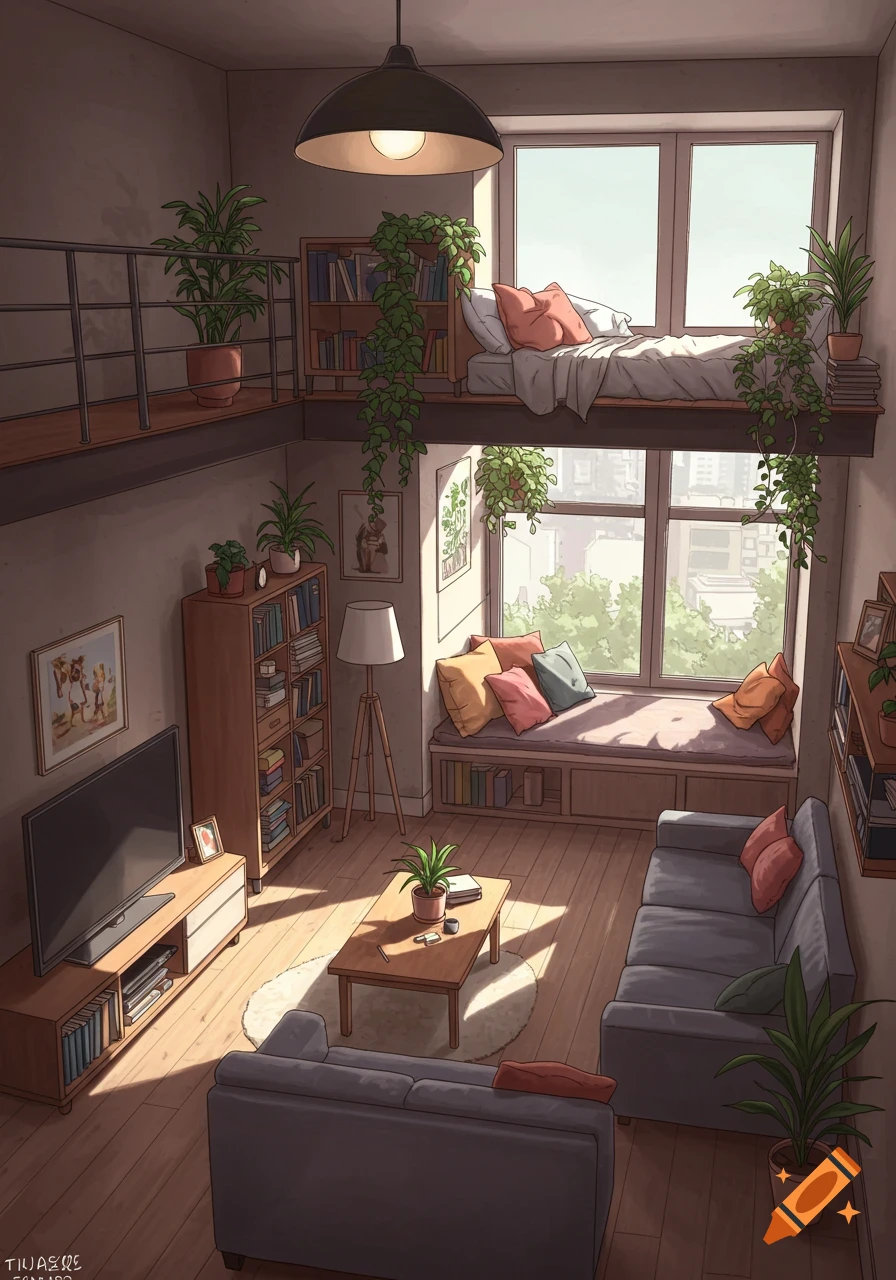 Anime style illustration of a cozy loft apartment with a bed on a mezzanine, living area below, plants, and books.
