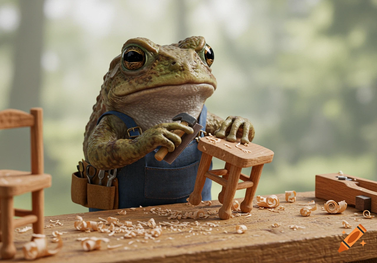 A photorealistic toad carpenter works on a small wooden stool on a workbench.
