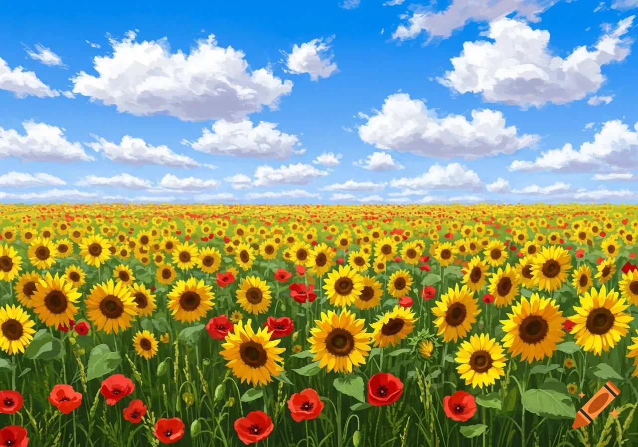 A field of sunflowers and red poppies under a blue sky with clouds.