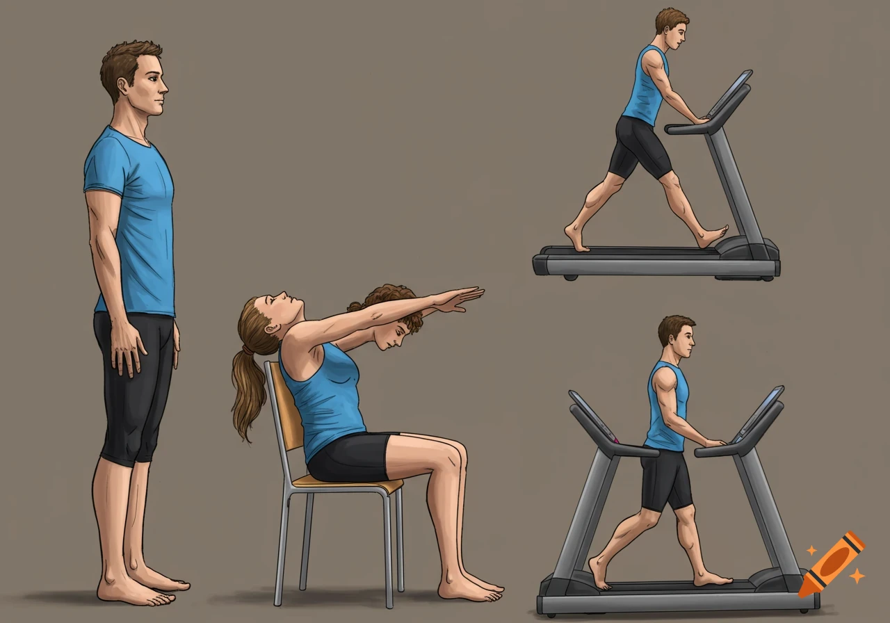 Four figures demonstrating exercises: standing, stretching on chair, stretching on treadmill, and walking on treadmill.