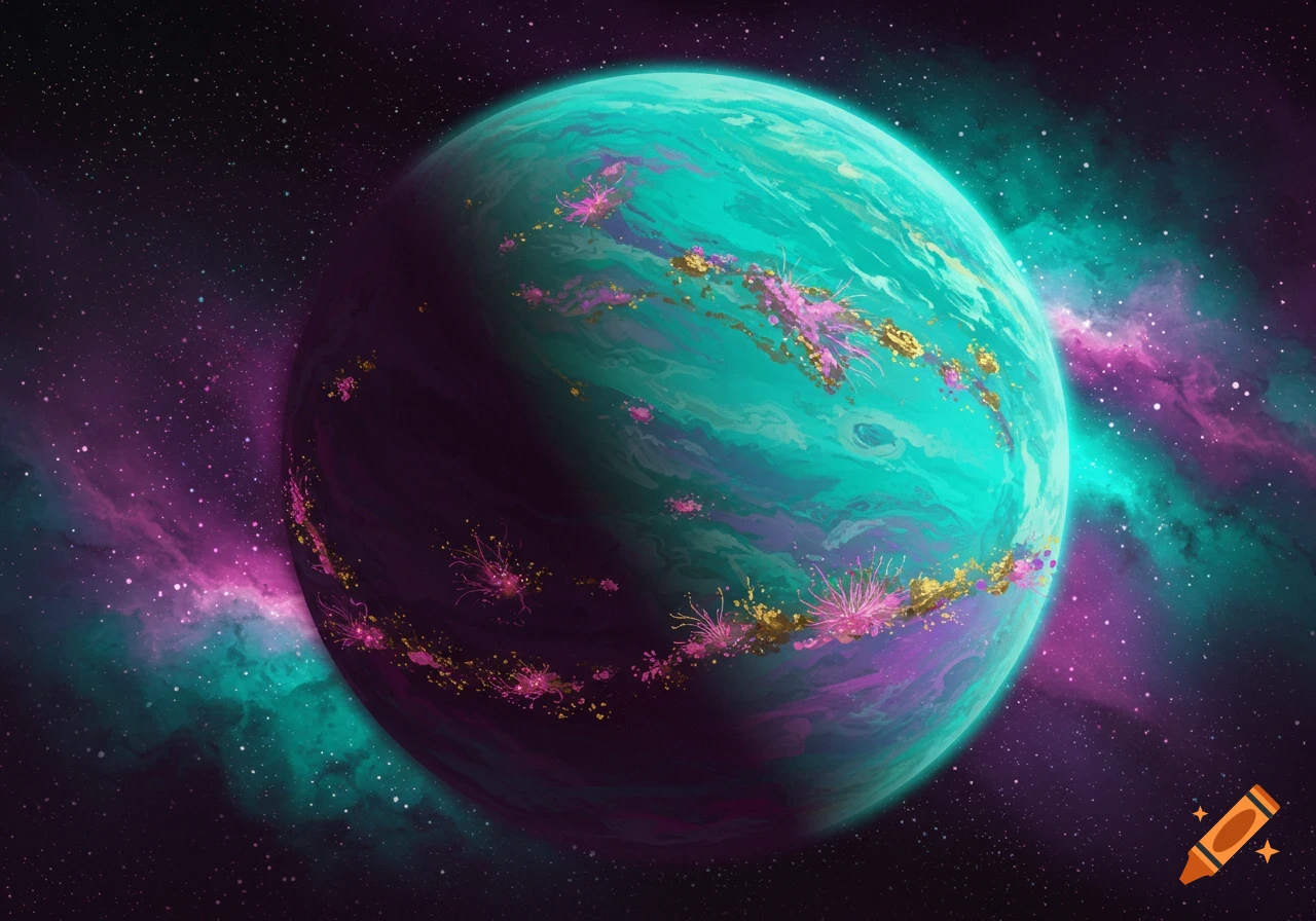 A vibrant alien planet against a backdrop of stars and colorful nebulae.