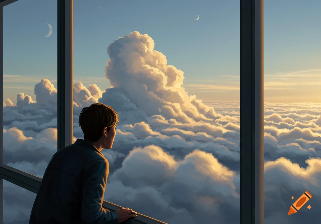 Person looking out skyscraper window at clouds and sky during sunset or sunrise